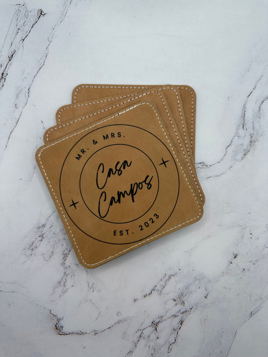 Set of Four Custom Brown Leatherette Coasters
